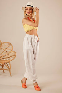 Off-White Linen Pants with Cuffed Legs Yacamim