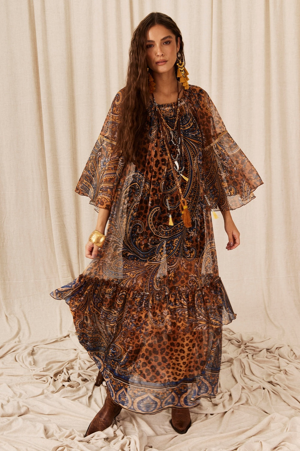 Yacamim E3 Paisley Animal Print Off-the-Shoulder Tulle Maxi Dress