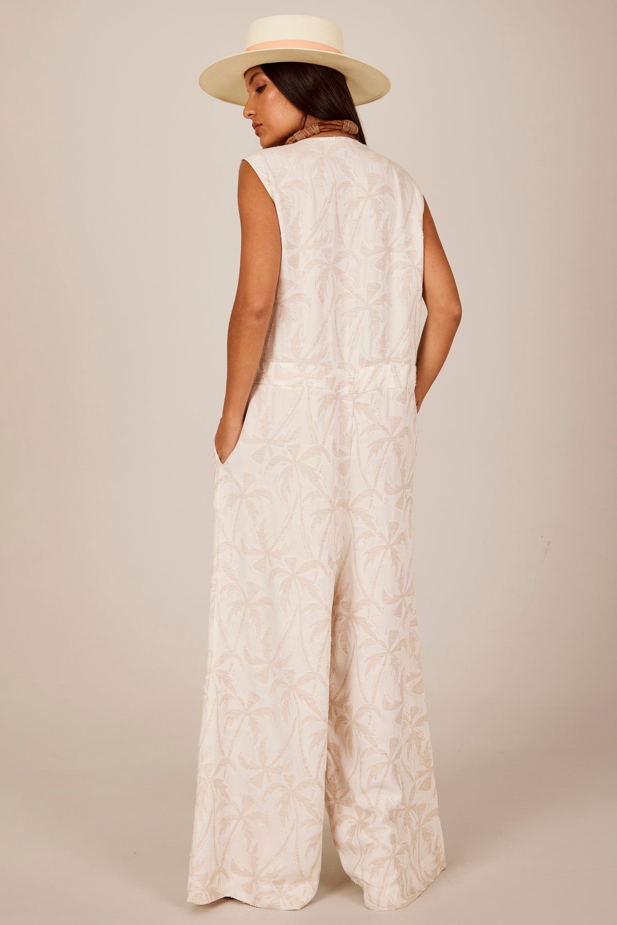 Yacamim O10 Printed Beige Linen Sleeveless Jumpsuit with Wide Leg