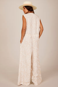 Yacamim O10 Printed Beige Linen Sleeveless Jumpsuit with Wide Leg