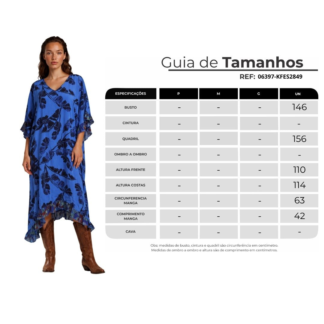 Kaftan Midi Com Babados E Pontas Laterais Azul Patchwork Yacamim J6