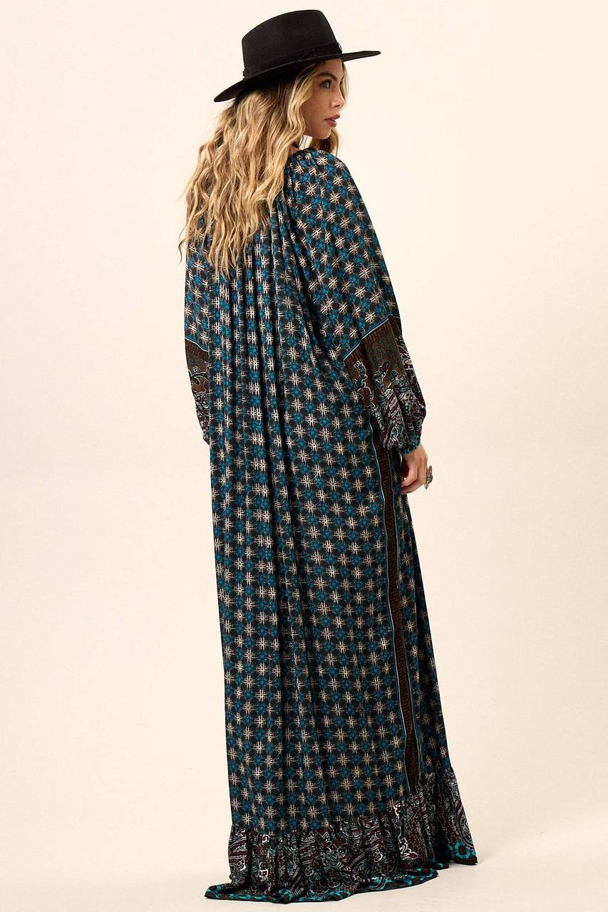 Yacamim D26 Printed Black Long Dress with Puffy Long Sleeves