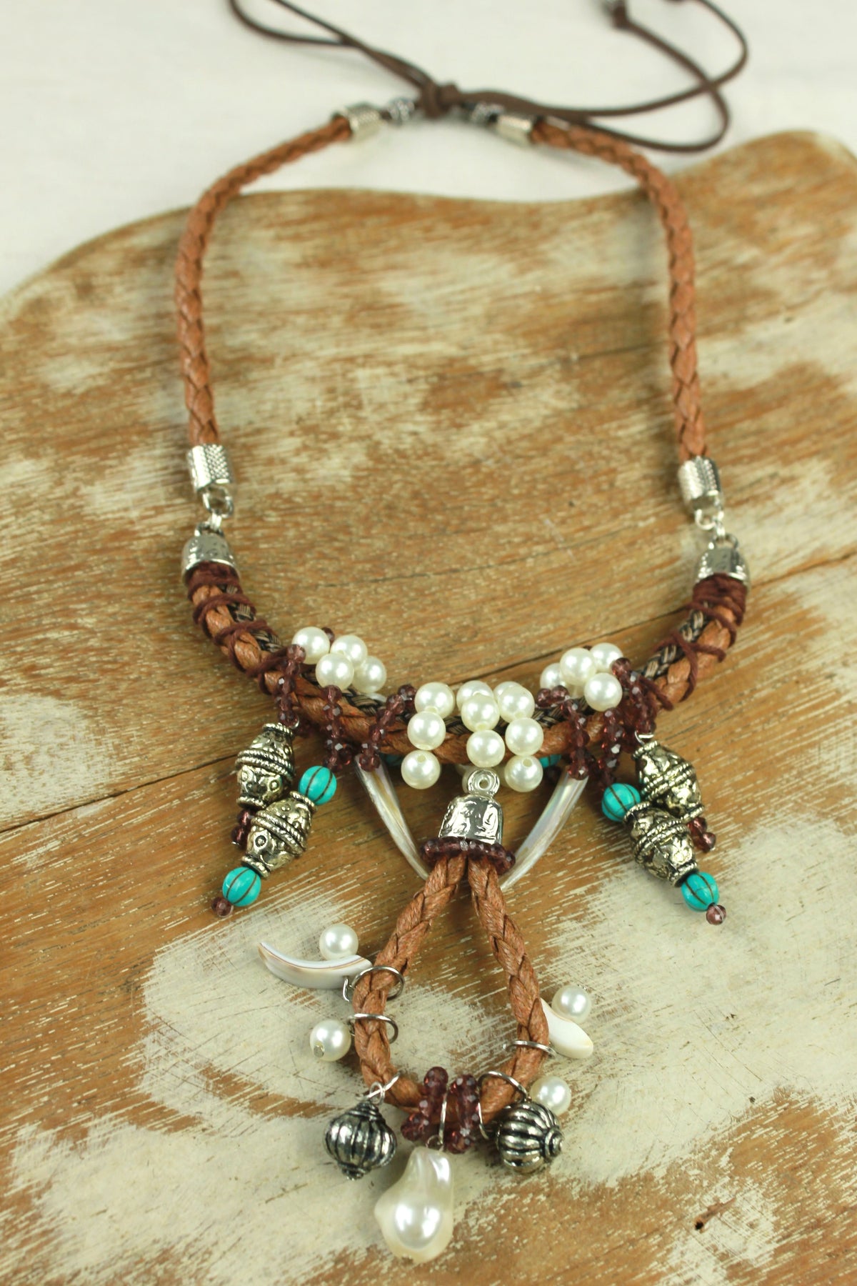 Handcrafted Yacamim Faux Leather Necklace with Stones and Metals #344