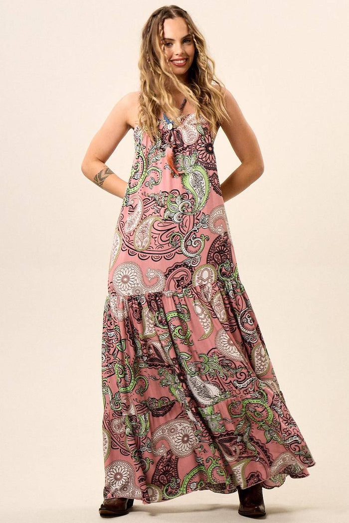 Yacamim C28 Rose Floral Print Long Dress with Adjustable Straps and Ruffles