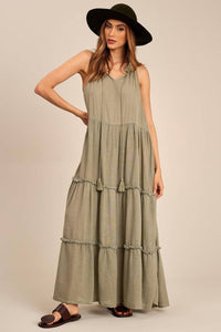 Yacamim Faded Green Ruffled Sleeveless Maxi Dress