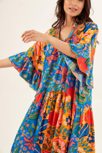 Yacamim Blue and Yellow Patchwork Round Neck Long Dress