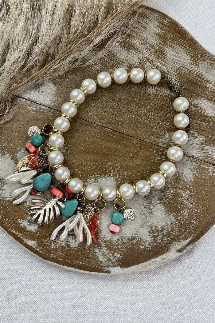 Pearl Color Bead Necklace with Yacamim Charms Mix #84