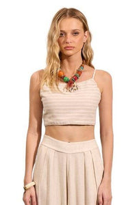Yacamim Striped Beige Linen Cropped Top