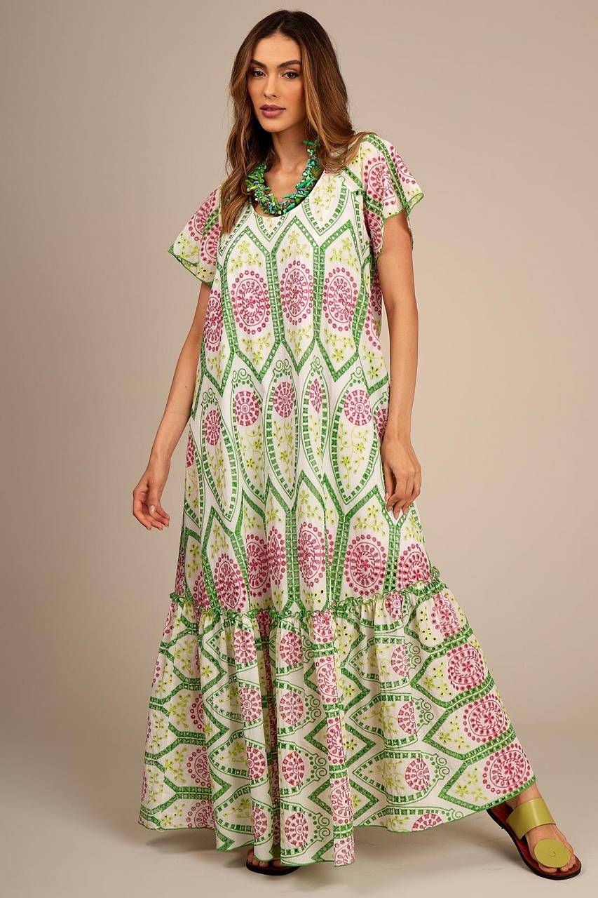Yacamim Women's White Broderie Anglaise Maxi Dress with Pink and Green Embroidery D6