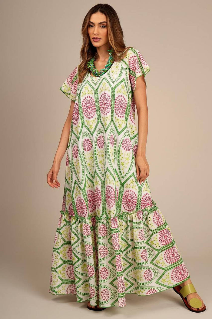 Yacamim Women's White Broderie Anglaise Maxi Dress with Pink and Green Embroidery D6