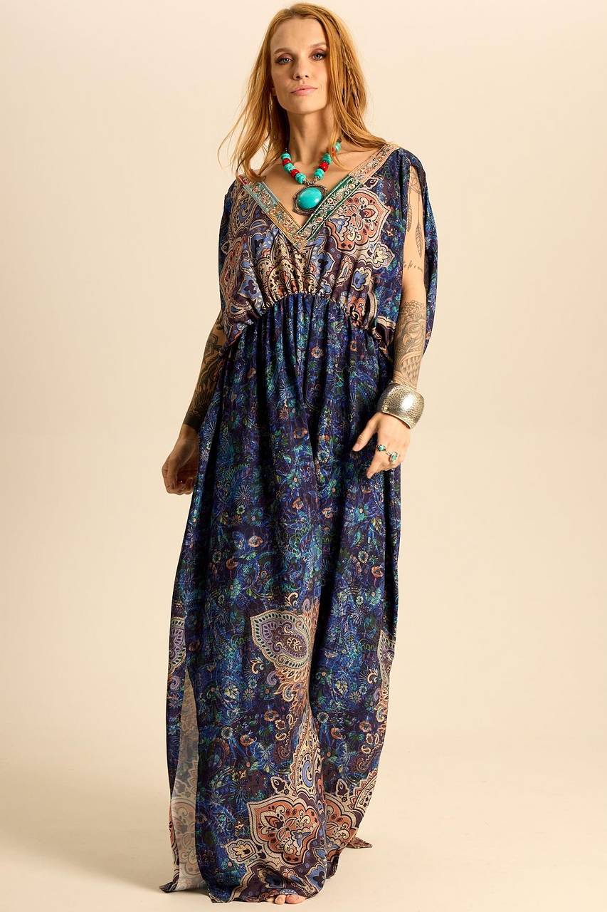 Long Paisley Print V-Neck Dress Yacamim