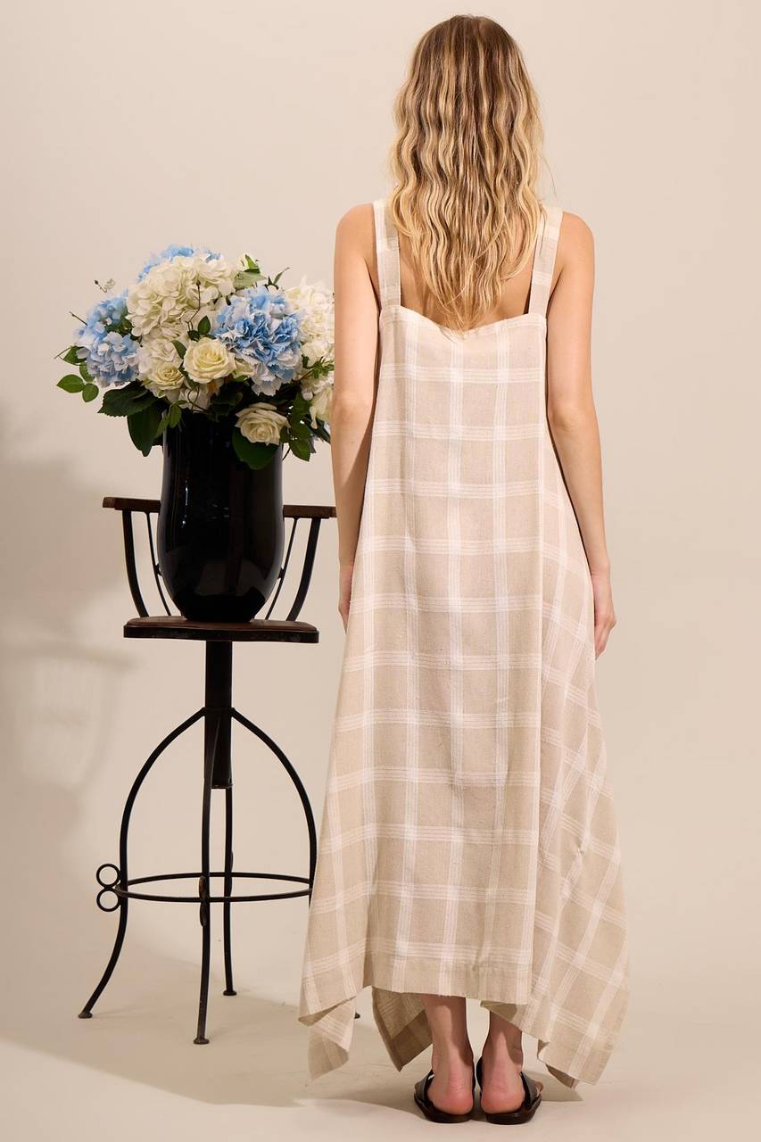 Yacamim C26 Beige Plaid Linen Midi Dress