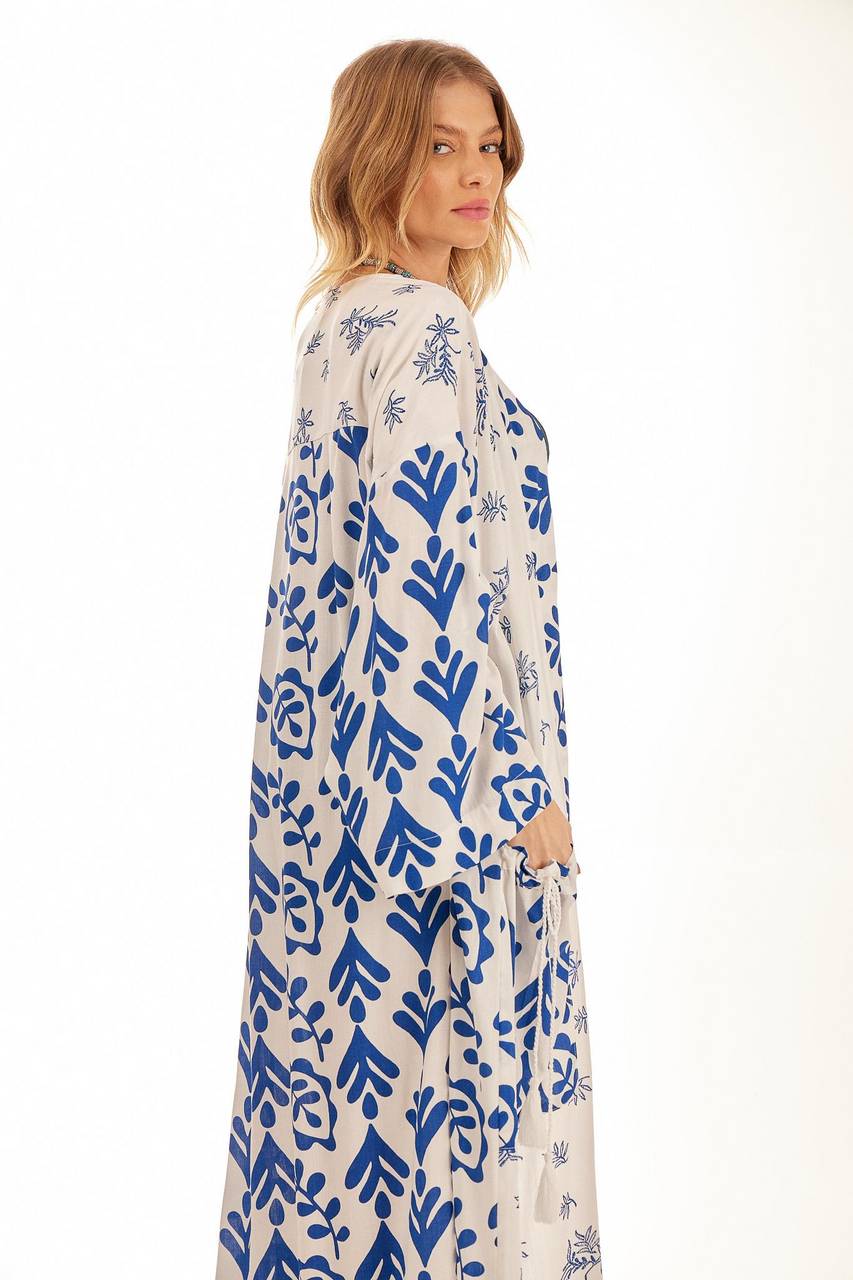 Yacamim Patchwork Printed White Long Kimono with Long Sleeves