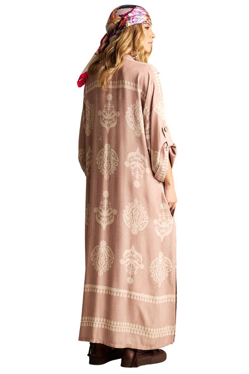Light Brown Printed Wrap V-Neck Maxi Dress Yacamim N3