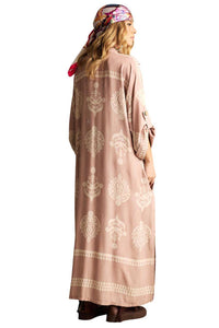 Light Brown Printed Wrap V-Neck Maxi Dress Yacamim N3