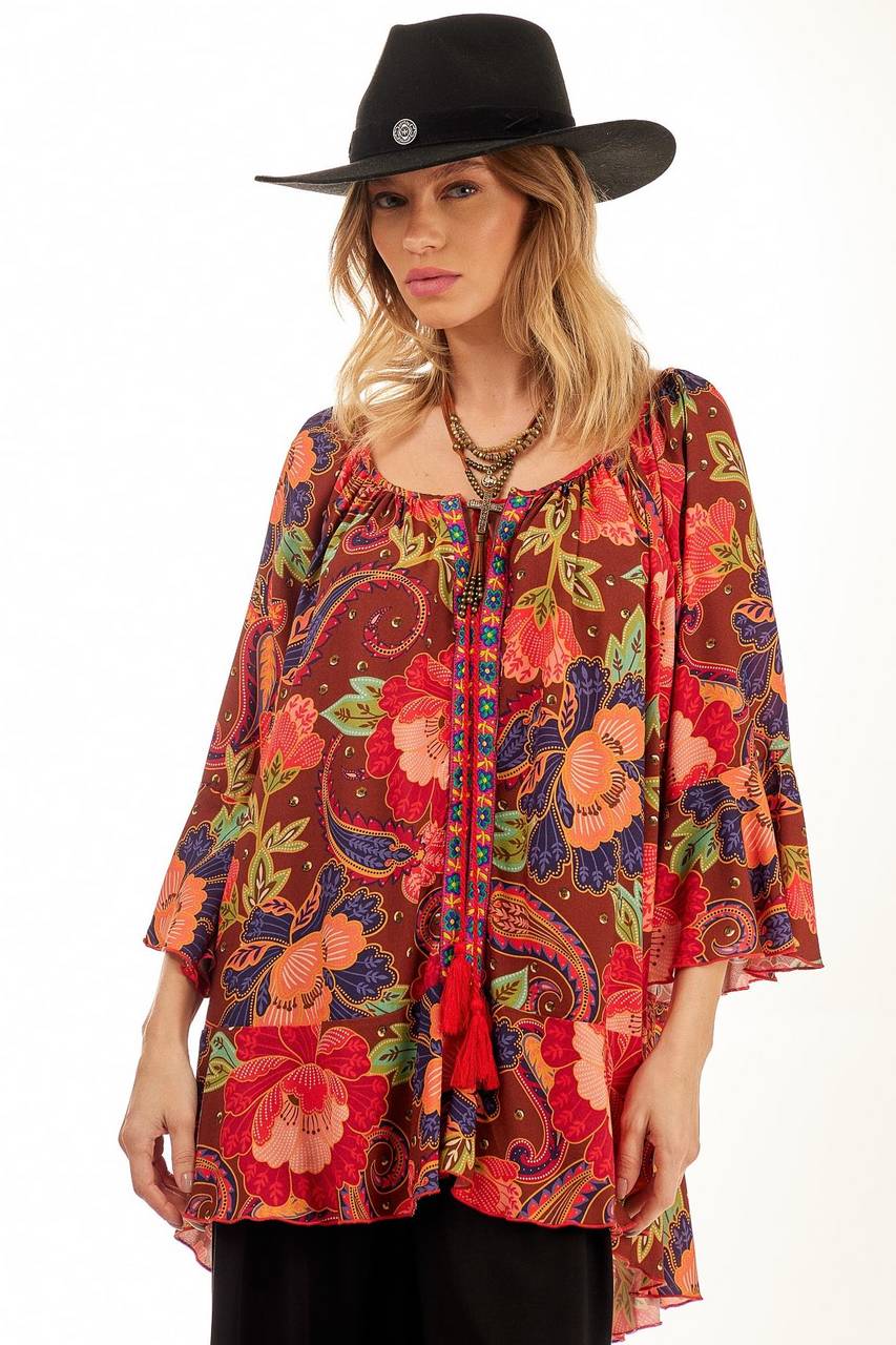 Yacamim Wide Tunic with 3/4 Sleeves and Ruffles, Printed Red