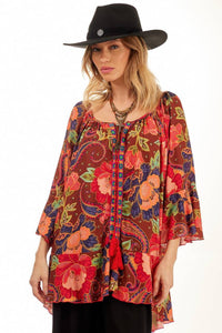 Yacamim Wide Tunic with 3/4 Sleeves and Ruffles, Printed Red