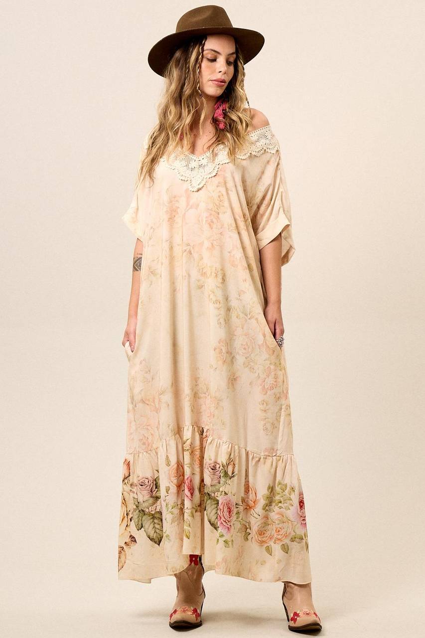 Long Printed Beige Dress with Lace Detail at the Neckline Yacamim