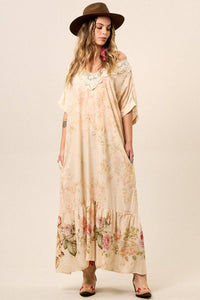 Long Printed Beige Dress with Lace Detail at the Neckline Yacamim