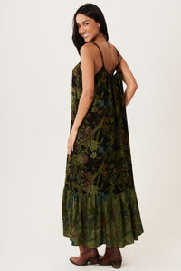 Yacamim E14 Black and Green Patchwork Long Strappy Dress