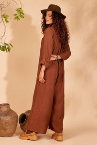 Yacamim Brown Long Pantaloon Jumpsuit with Folded Sleeves
