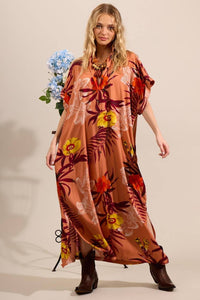 Yacamim Terracotta Printed Long Shirt with Short Sleeves M1