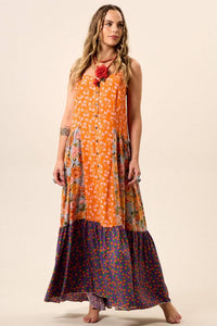 Yacamim Women's Long Orange Patchwork Button-Front Dress K3