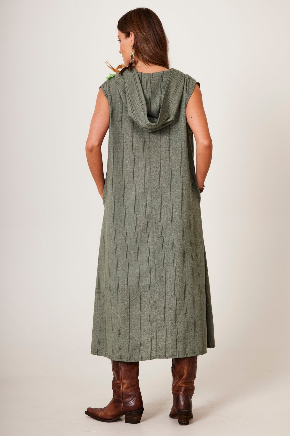 Yacamim C14 Striped Green Linen Sleeveless Midi Dress with Hood
