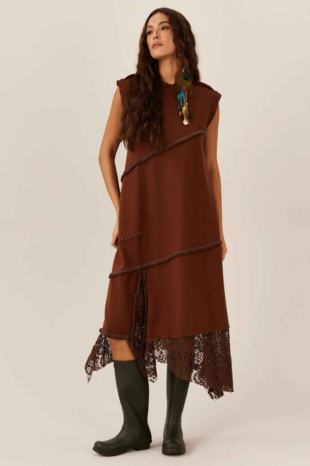 Yacamim Brown Lace Sweatshirt Midi Dress E11