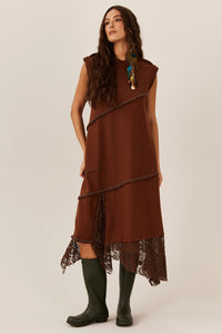 Yacamim Brown Lace Sweatshirt Midi Dress E11