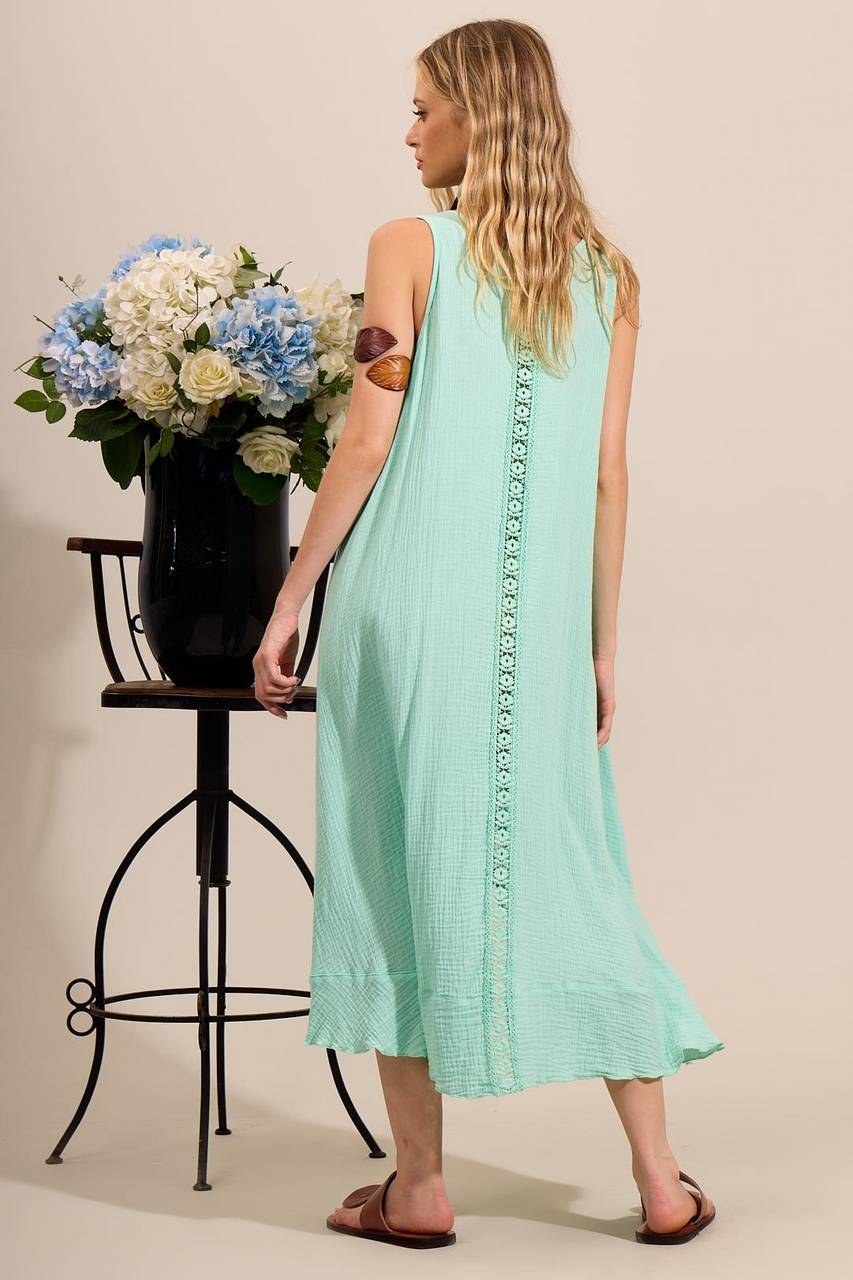 Yacamim C22 Mint Green Sleeveless Mullet Dress with Ladder Trim