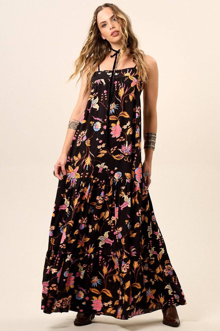 Yacamim C1 Printed Black Long Dress with Adjustable Straps