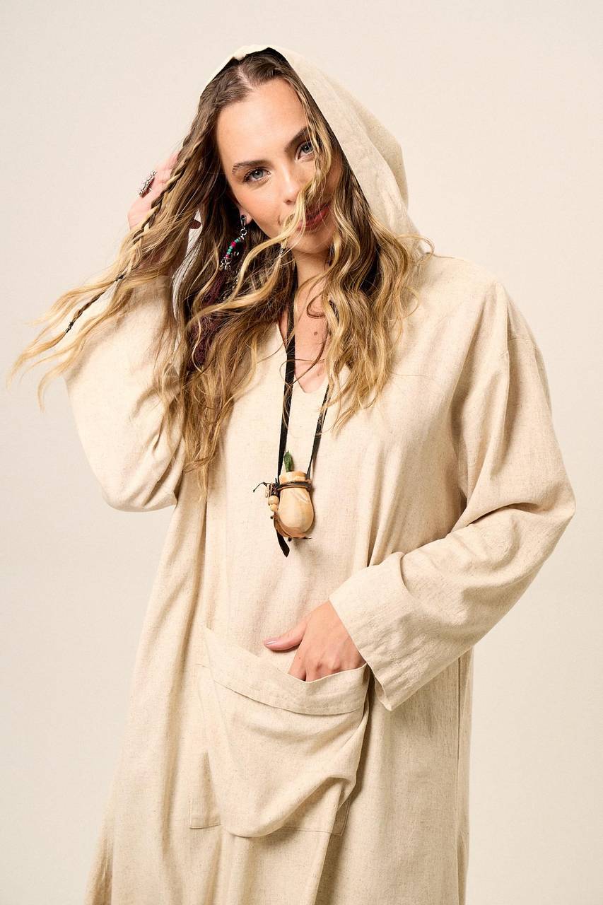 Yacamim Beige Viscose Linen Midi Dress with Long Sleeves and Hood