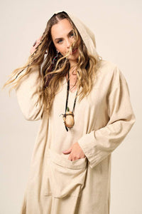 Yacamim Beige Viscose Linen Midi Dress with Long Sleeves and Hood