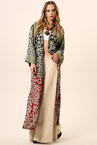 Yacamim Patchwork Green Long Kimono with Wide Long Sleeves