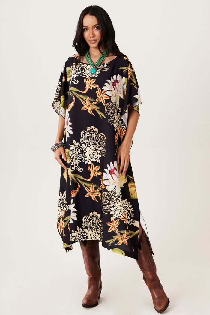Black Loose Kaftan Floral Print Yacamim J7