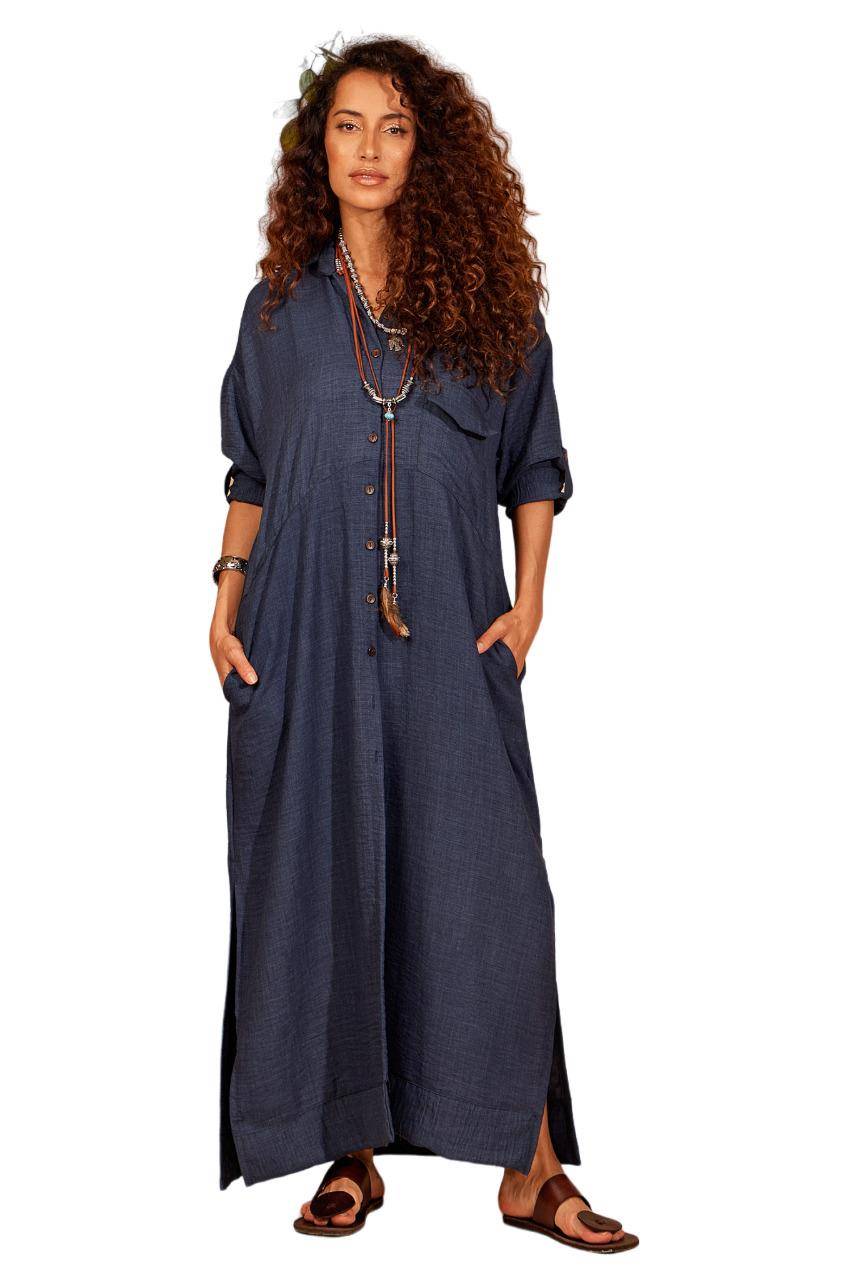 Yacamim Navy Blue Loose Long Shirt with Rolled-Up Sleeves