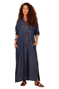 Yacamim Navy Blue Loose Long Shirt with Rolled-Up Sleeves