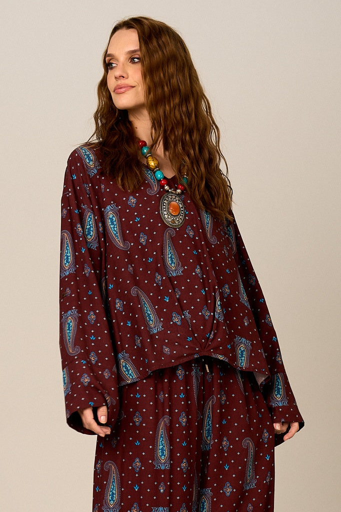 Yacamim Wide Brown Paisley Print Bat Sleeve A20