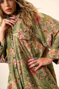 Yacamim Green Printed Loose Shirt with Long Sleeves A8