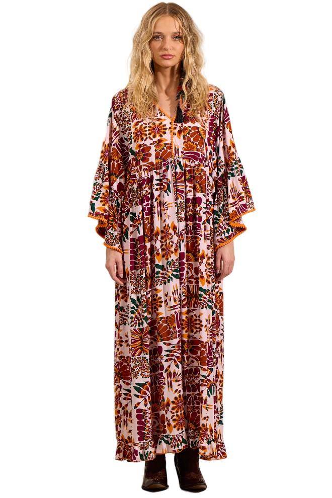 Yacamim Printed Beige and Burgundy Long Dress with Flare Sleeves