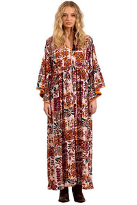 Yacamim Printed Beige and Burgundy Long Dress with Flare Sleeves