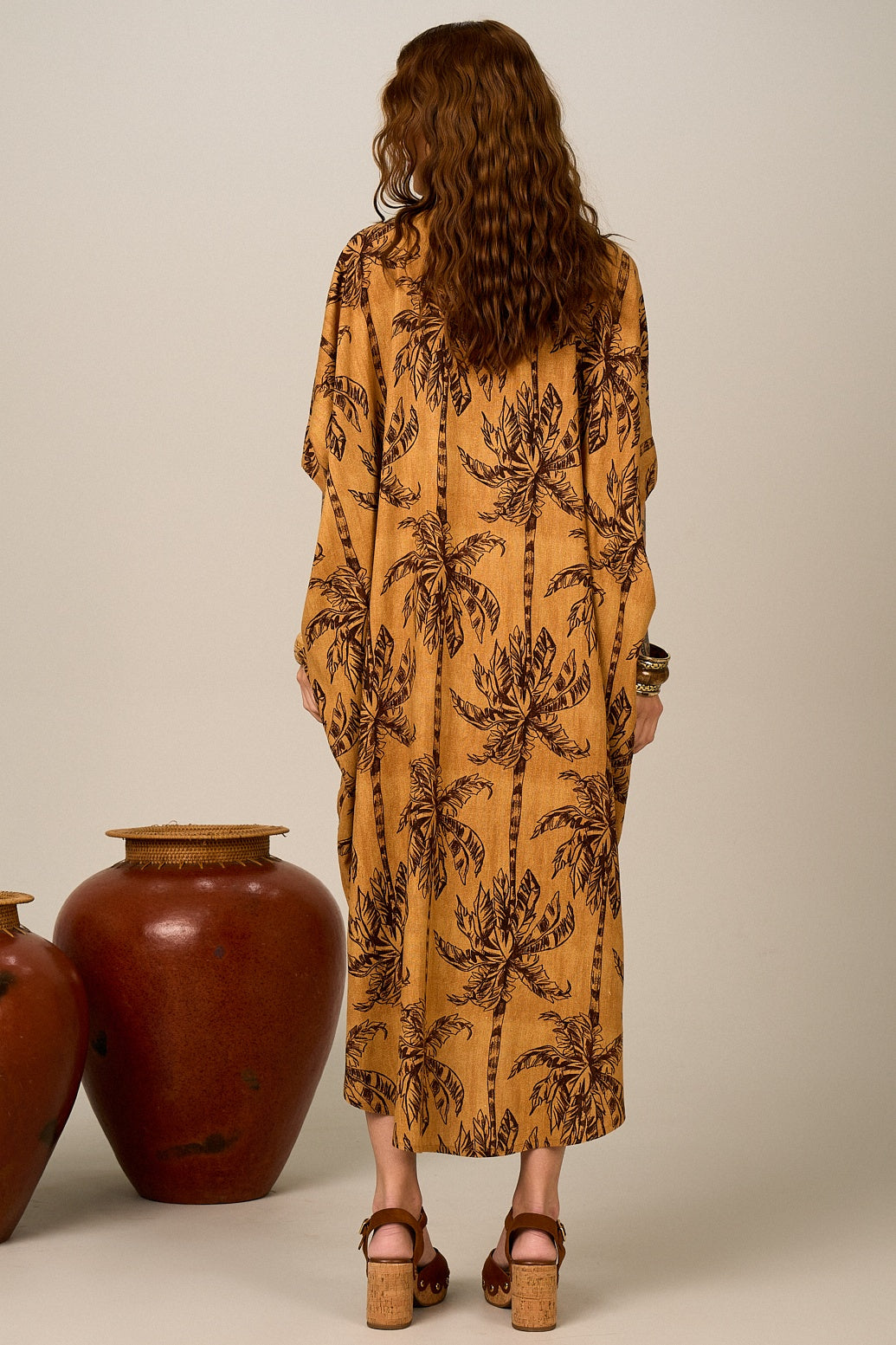 Yacamim P2 Brown Viscolinho Midi Chemise with Coconut Tree Print