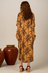 Yacamim P2 Brown Viscolinho Midi Chemise with Coconut Tree Print