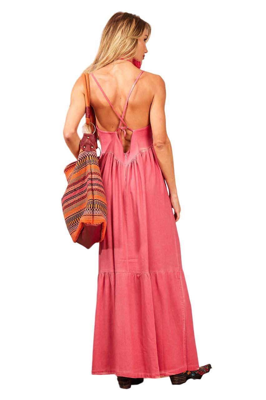 Yacamim Pink Linen Long Dress with Tie Straps