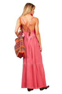 Yacamim Pink Linen Long Dress with Tie Straps