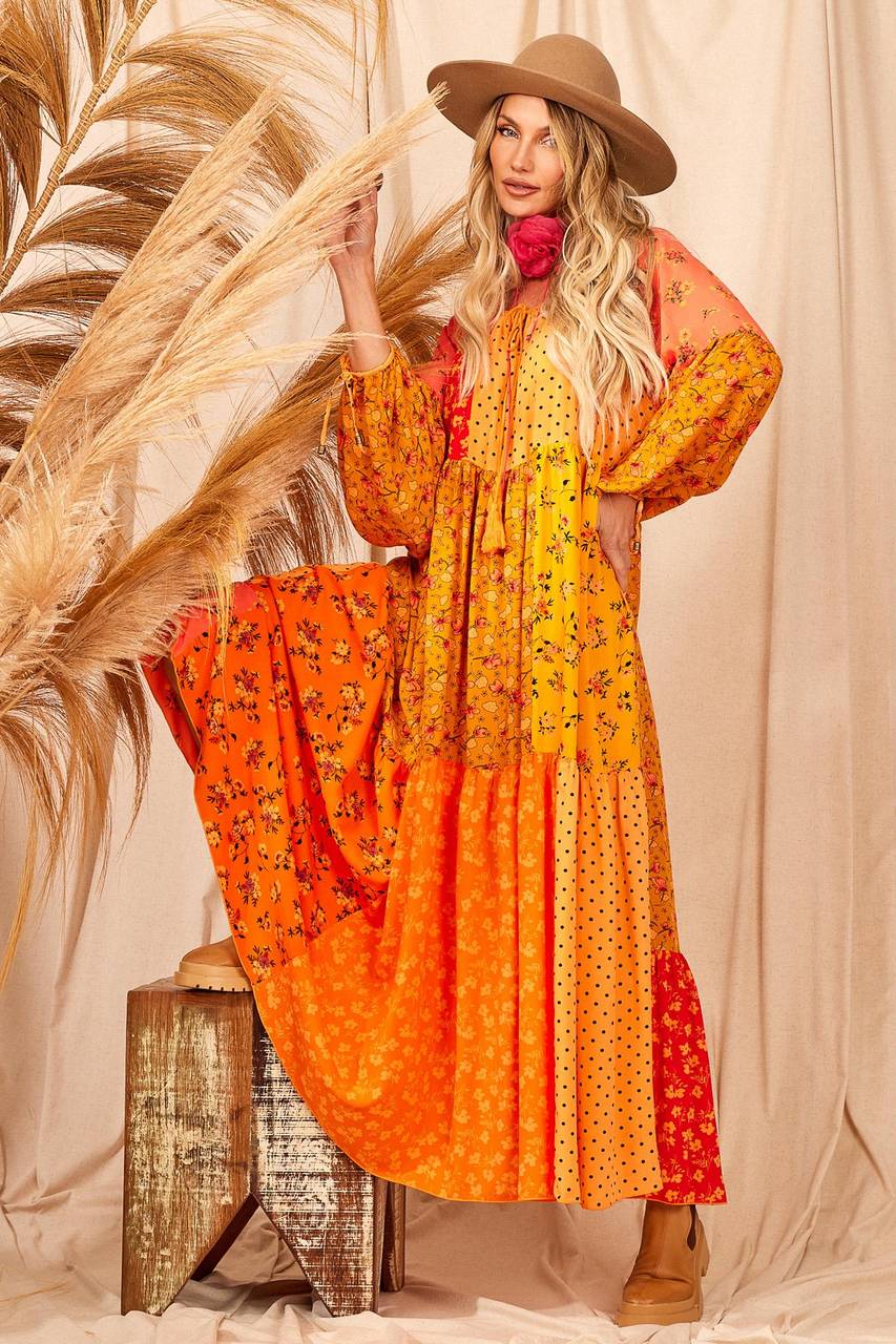 Long Dress With Puffy Long Sleeves Patchwork Yacamim D10