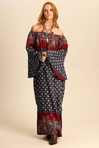 Yacamim Blue and Red Printed Flare Sleeve Off-the-Shoulder Long Dress