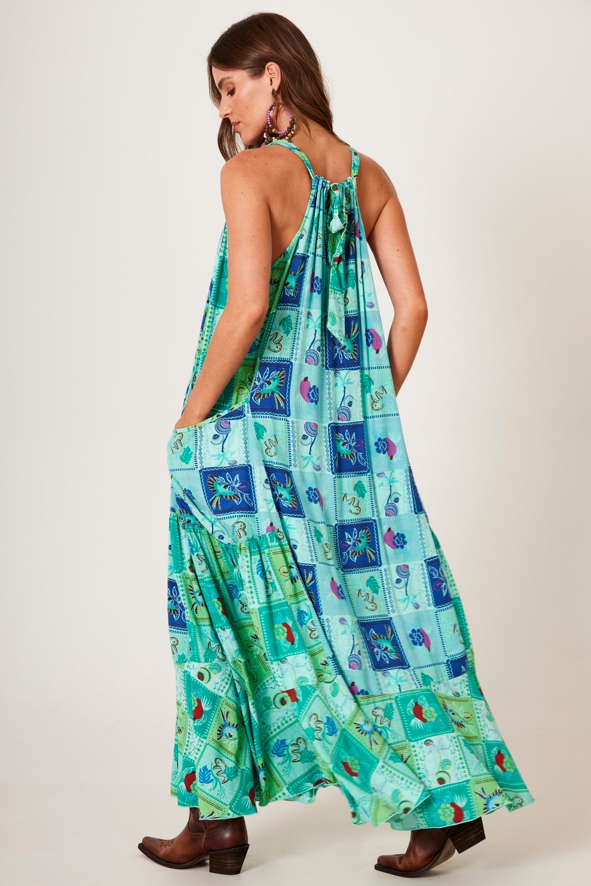 Yacamim D13 Green Patchwork Geometric Print Flowy Long Dress