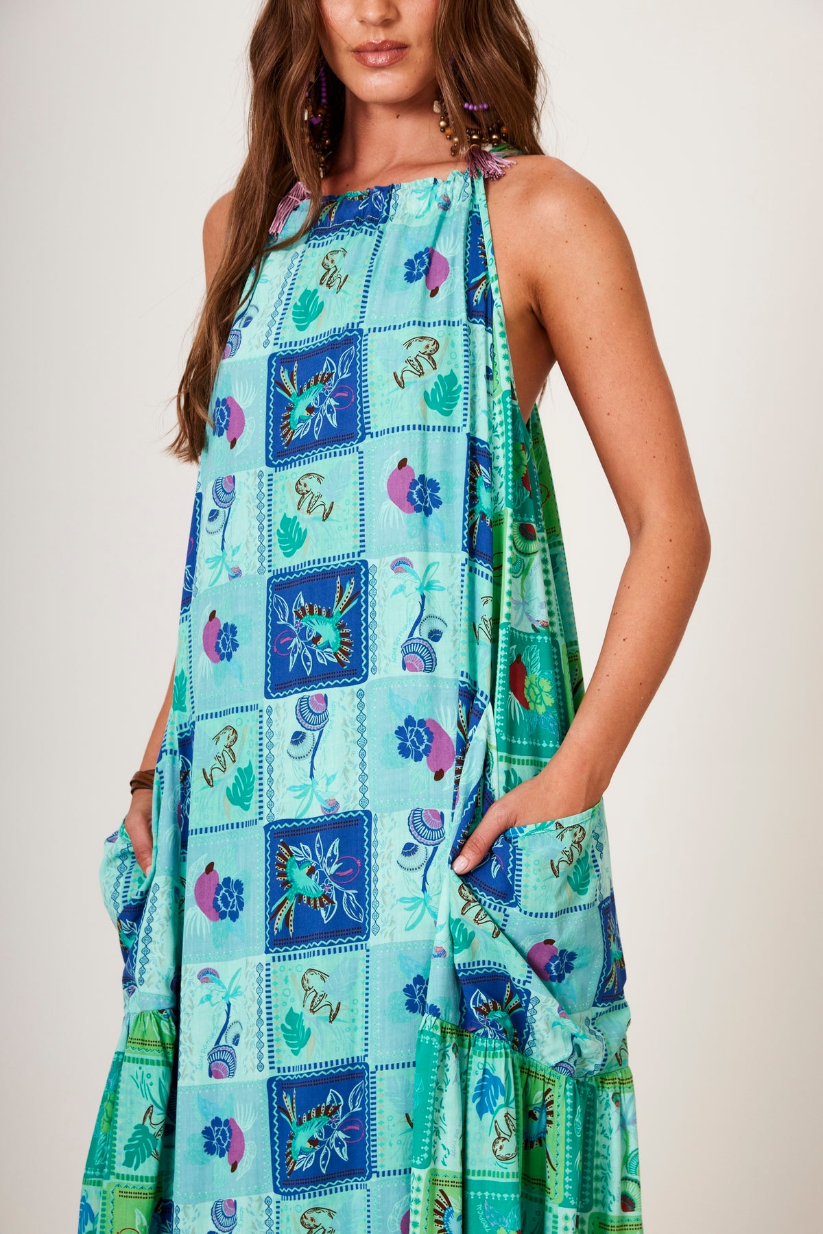 Yacamim D13 Green Patchwork Geometric Print Flowy Long Dress